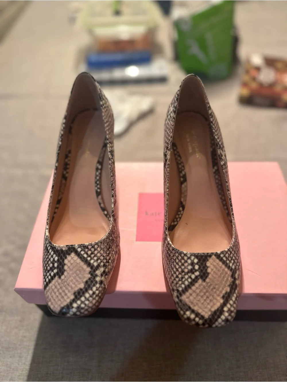 Snake-Skin Block Heel Pumps in Black and Gray